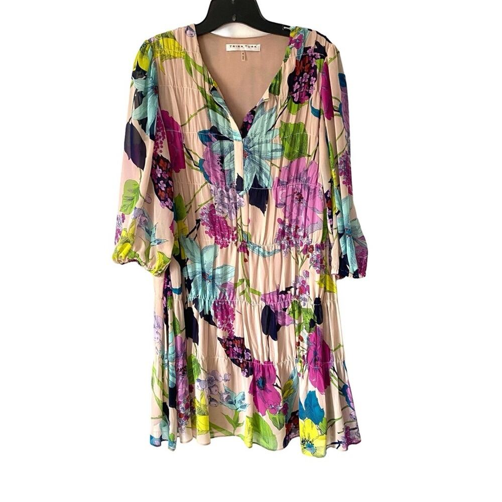 Trina Turk Pleated Silvery Floral Multicolor Dress size small Pink Blue Tiered